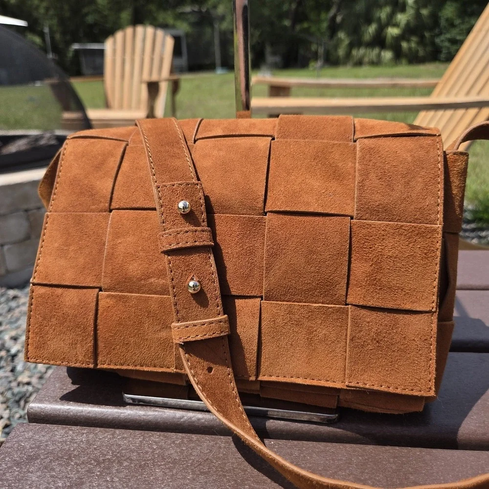 FURNIQ Hoxton‎ Camel Brown Woven Suede Handbag Crossbody MSRP $350